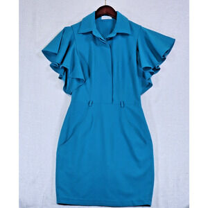Calvin Klein Ruffle Sleeve Sheath Dress Size Button Front Belt loops & Pockets